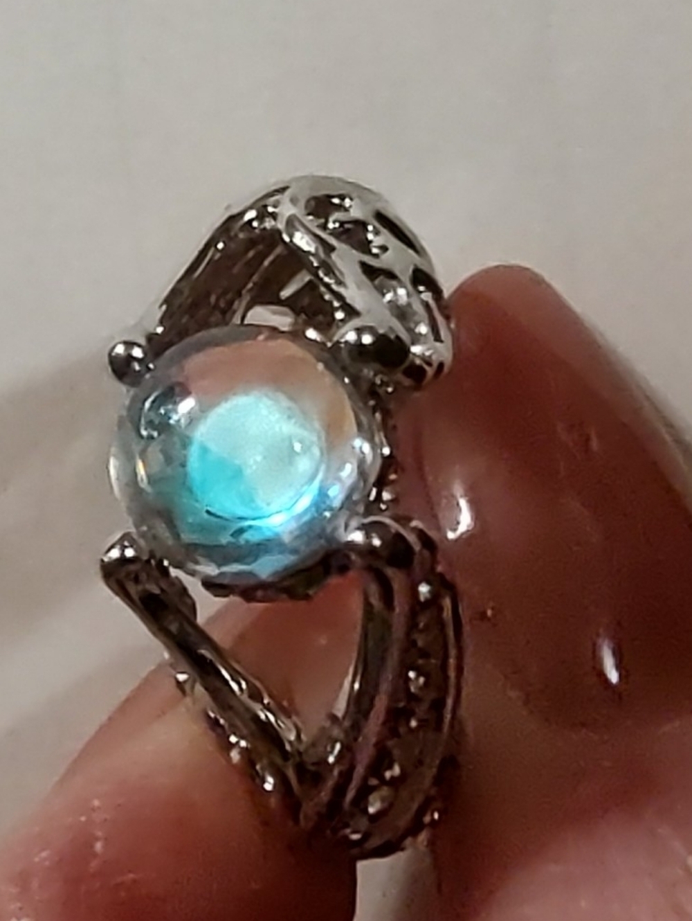 Silver Ring with Blue Opalescent Cabochon